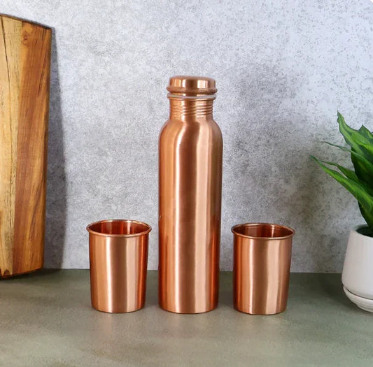 Copper Water Bottle 2 Glasses with Gift Box (3 Pcs Set)